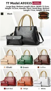 Detail view of seven colors crocodile pattern tote and clutch set with gold metal handles