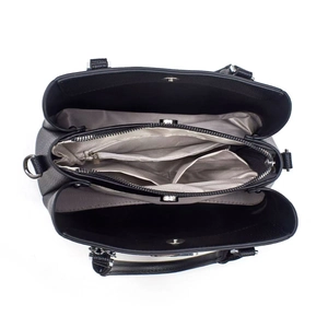 Top view of large capacity handbag showing multiple zipper compartments and inner pockets