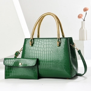 Dark green crocodile texture handbag set with gold woven handles and matching wallet