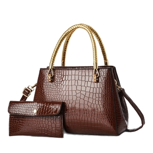 Deep brown croc-textured 2-piece handbag set with gold handles and matching wallet