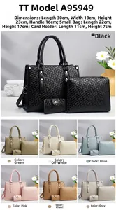 Dettaglio del set di 3 borse con trama intrecciata su borsa a mano, tracolla e portacarte