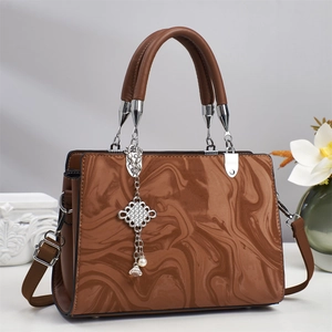 Minimalist brown marble pattern leather handbag for women with silver pendant and strap