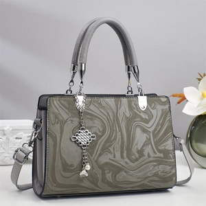 Elegant grey marble texture handbag with pearl charm and silver hardware top handles