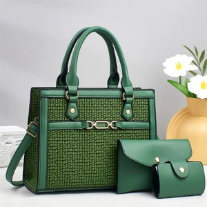 Deep green 3-piece handbag set with textured pattern and elegant gold chain hardware