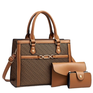 Three-piece women's caramel tote bag set with monogram print and gold chain strap