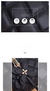 Close-up of black quilted leather texture and stylish floral petal bag charm with gold hardware