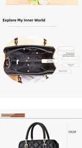 Detailed view of interior compartments and 10cm handle of black quilted handbag