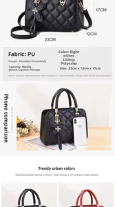 Detailed size specifications for the quilted PU leather handbag with bow pendant
