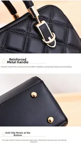 Detail of black quilted handbag featuring gold hardware and protective bottom studs