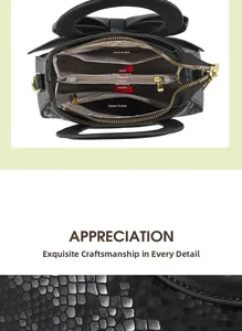 Détails de la texture crocodile et des cinq compartiments internes du sac à main pour femme