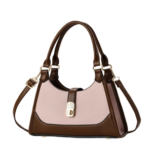 Fashionable pink and brown contrast color women handbag with gold metal lock buckle