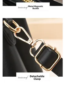 Macro view of gold magnetic hardware and detachable hooks on black leather bag