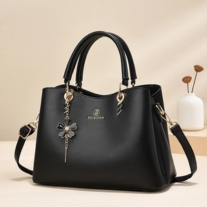 Women Handbag Elegant PU Leather Large Capacity Shoulder Crossbody Bag Retro Commute With Flower Pendant Accessory