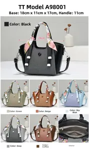 Detailed view of vintage handbag dimensions and six color variants with scarf handle