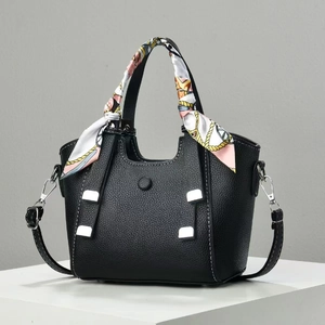 Women's black litchi pattern leather handbag with floral silk scarf handle decoration
