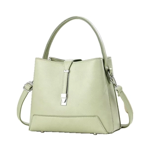 Light green litchi grain leather handbag with silver lock and adjustable shoulder strap