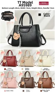 Detailed size chart for textured leather handbag with dimensions and seven color options
