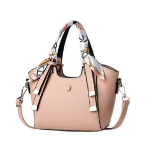 Elegant pale pink litchi grain faux leather crossbody bucket bag with printed silk scarf