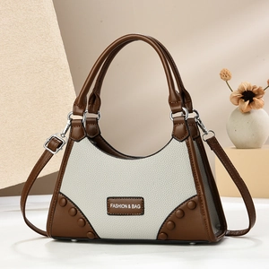 Women PU Leather Handbag Lychee Texture Patchwork Rivet Decor Crossbody Shoulder Bag Street Trend Commuter Fashion