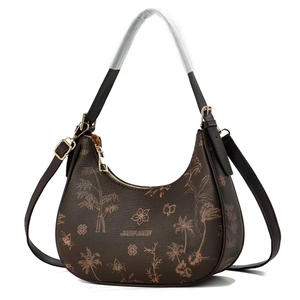 Dunkelbraune Retro-Halbmond-Tasche mit Pflanzenprint und verstellbarem Riemen