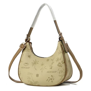 Retro Hobo-Tasche aus Canvas mit tropischen Pflanzenprints und braunem Schultergurt