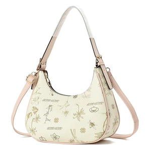Beige Halbmond-Umhängetasche mit Blumenmuster und verstellbarem Schultergurt