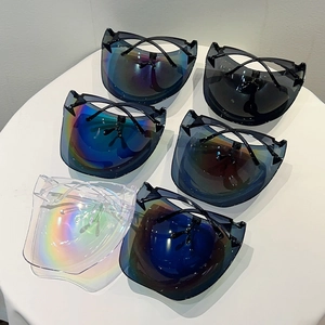 Detail view of colorful protective face shields with iridescent and gradient coatings