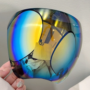 Close-up of a rainbow iridescent protective face shield with a sleek K-GOL logo detail
