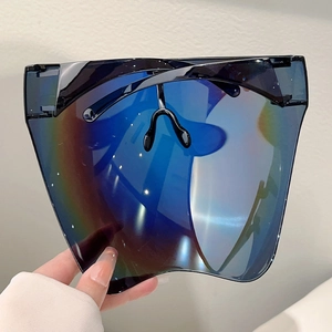 Macro shot of iridescent blue gradient lens and black frame on full face shield goggles