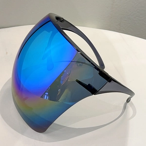 Detail of colorful gradient iris coating on protective oversized cycling shield sunglasses