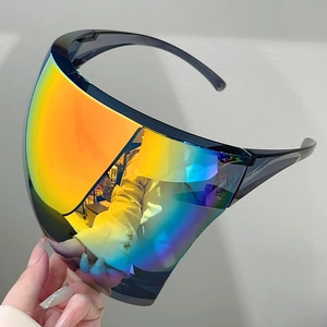 Rainbow gradient full face shield sunglasses with translucent grey frames for wind protection