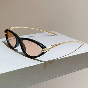 Detail des goldenen Kettenglied-Bügels an der Cateye-Sonnenbrille mit schwarzem Rahmen
