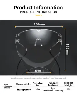 Detailed size chart for clear anti-fog safety face shield with precise measurements