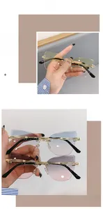 Vue détaillée de lunettes de soleil œil-de-chat sans monture avec branches en métal doré