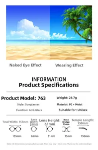 Size guide for round sunglasses showing dimensions, PC material, and 26.7g weight