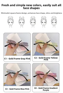 Détail de quatre lunettes de soleil œil-de-chat sans monture avec verres dégradés dorés