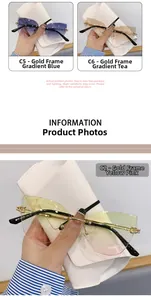 Détail de lunettes de soleil œil de chat sans monture avec branches dorées dégradées