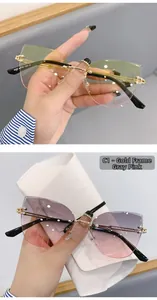 Détail de lunettes de soleil œil-de-chat sans monture avec verres dégradés et branches or