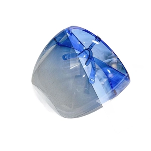 Blue transparent full face protective shield with integrated eyeglasses frame