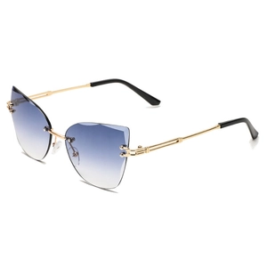 Lunettes de soleil œil-de-chat sans monture, verres dégradés bleus et branches dorées