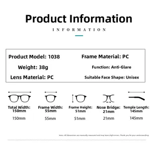Tableau des tailles avec largeur de 150mm et détails du matériau PC pour lunettes