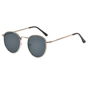Classic round retro sunglasses with gold metal frame and dark grey lenses for women