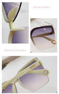 Detailed views of purple gradient lenses and cream-colored frames on fashion sunglasses