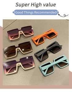 Detail of square frame sunglasses with metal rivets in five vibrant fashion colors