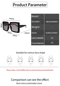 Detailed size chart for square sunglasses showing lens, frame, and bridge dimensions