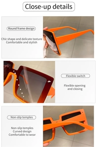 Macro detail of orange oversized square sunglasses showing silver rivets and hinge
