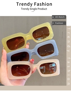 Close-up of retro square sunglasses in jelly green, light blue, and creamy white frames