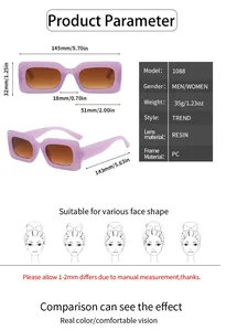 Detailed size specifications for rectangular sunglasses with PC frame and resin lenses