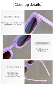 Detail of purple square sunglasses featuring flexible hinges and anti-slip curved temples