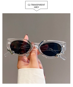 Detail of transparent grey rectangular sunglasses frame with silver liquid metal decor